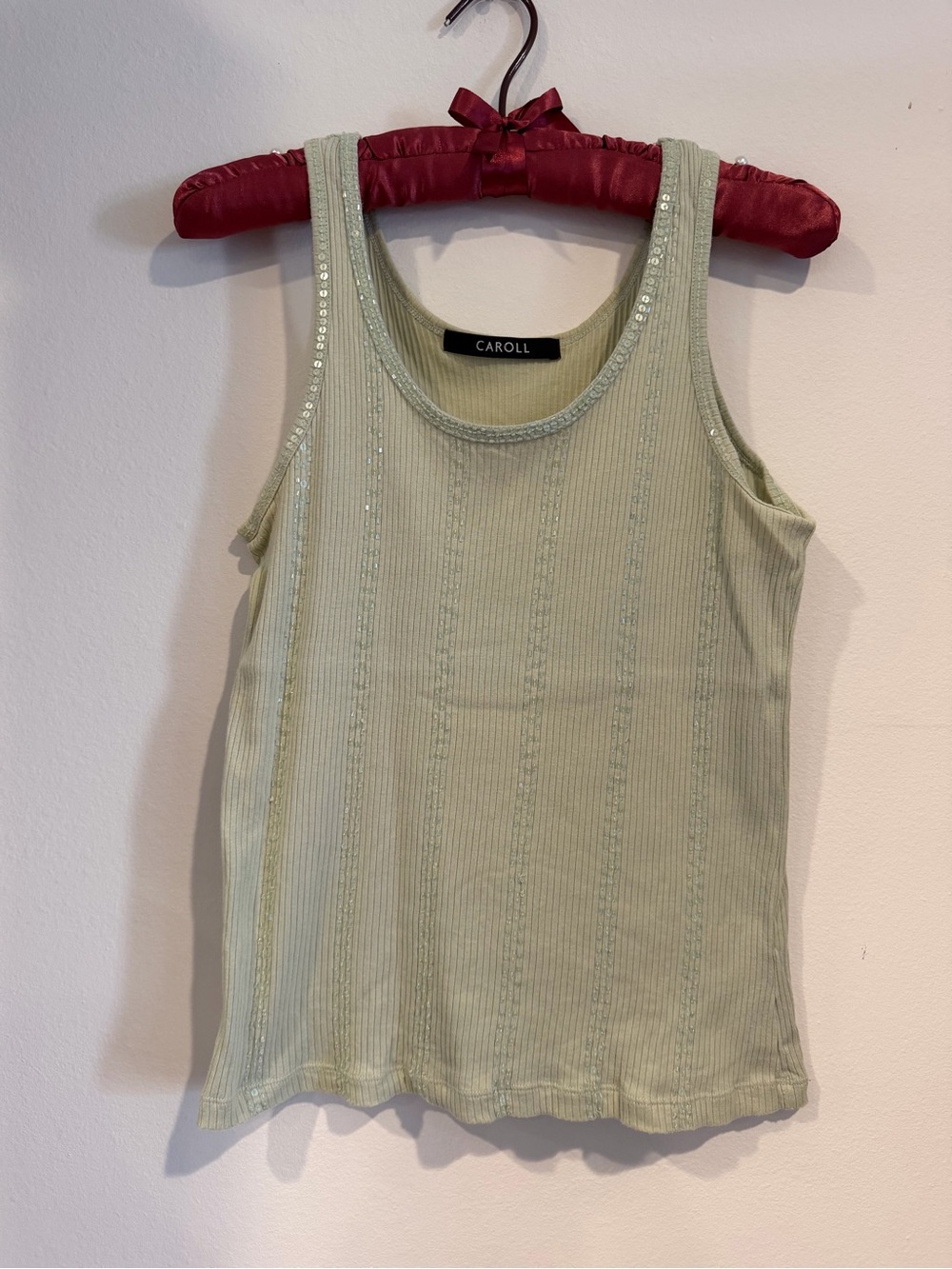 Caroll Light Sage Ribbed Sequin-Trim Tank